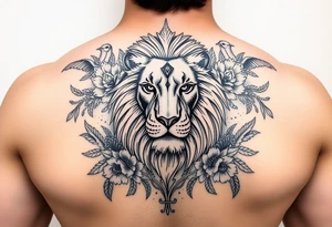 powerful majestic lion with a crown, surrounded by floral ornaments and birds b tattoo idea