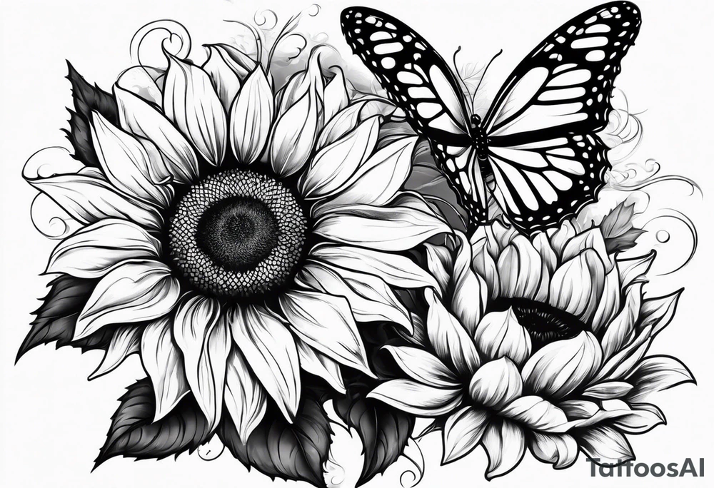 Sunflower and butterfly leg sleeve tattoo idea