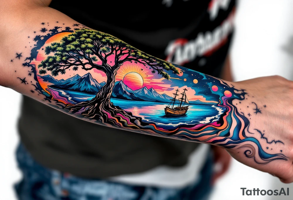 a forearm tattoo that has an acacia tree with mountains, ocean with a ship wreck tattoo idea