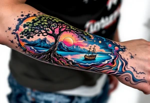 a forearm tattoo that has an acacia tree with mountains, ocean with a ship wreck tattoo idea