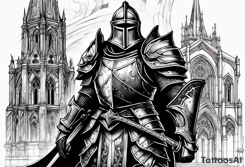 knight heavy armor in front of cathedral tattoo idea