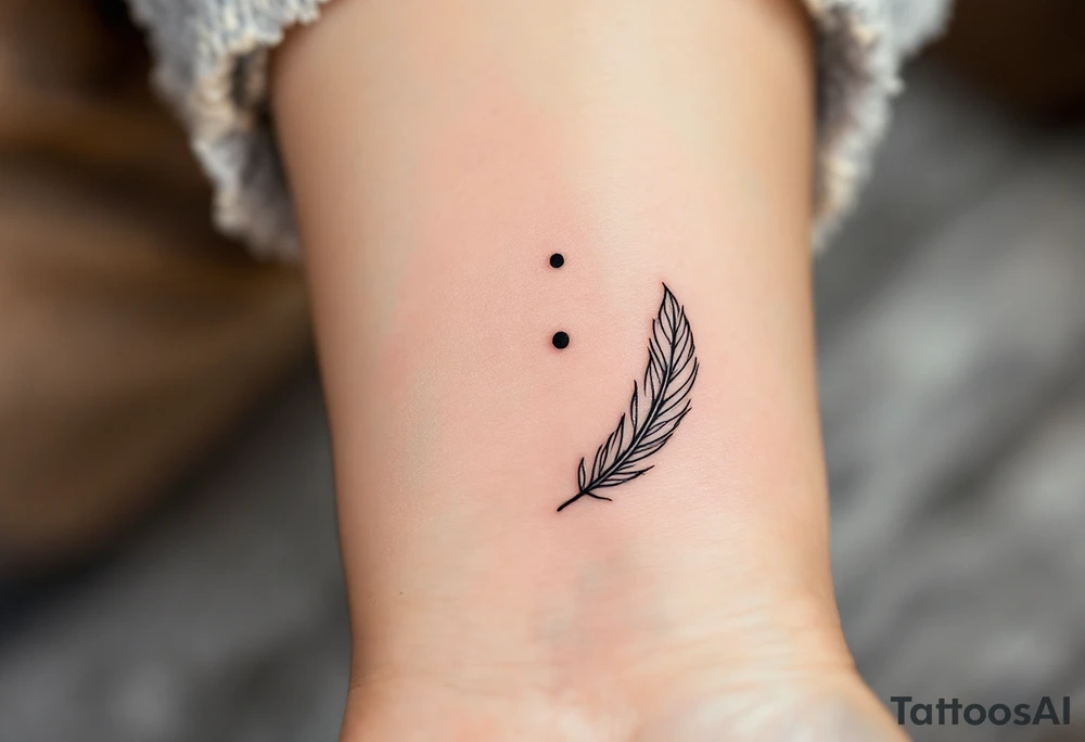 A comma with a dot above it with a feather near to it tattoo idea