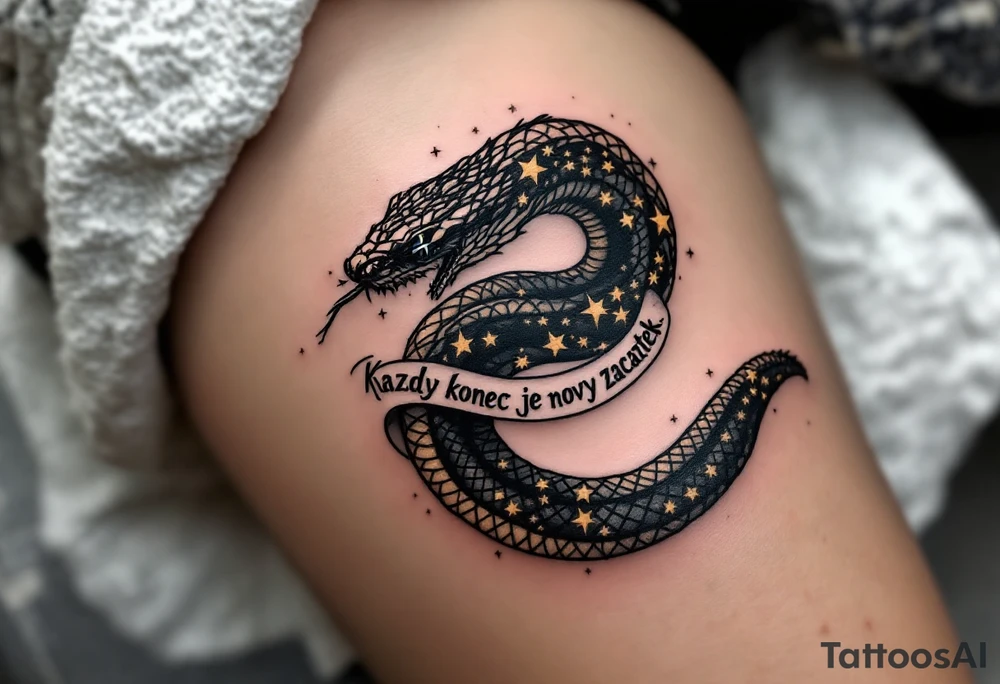 „Kazdy konec je novy zacatek.“ — A black snake eating its tail (ouroboros) with golden stars inside, and the phrase flowing through the ring. tattoo idea