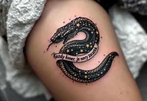 „Kazdy konec je novy zacatek.“ — A black snake eating its tail (ouroboros) with golden stars inside, and the phrase flowing through the ring. tattoo idea