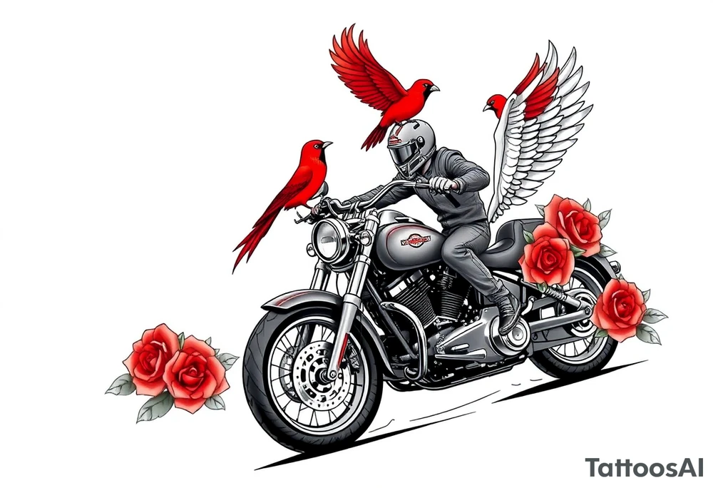 Harley grey motorcycle driving away, two red birds flying, roses, flames, angel wings tattoo idea