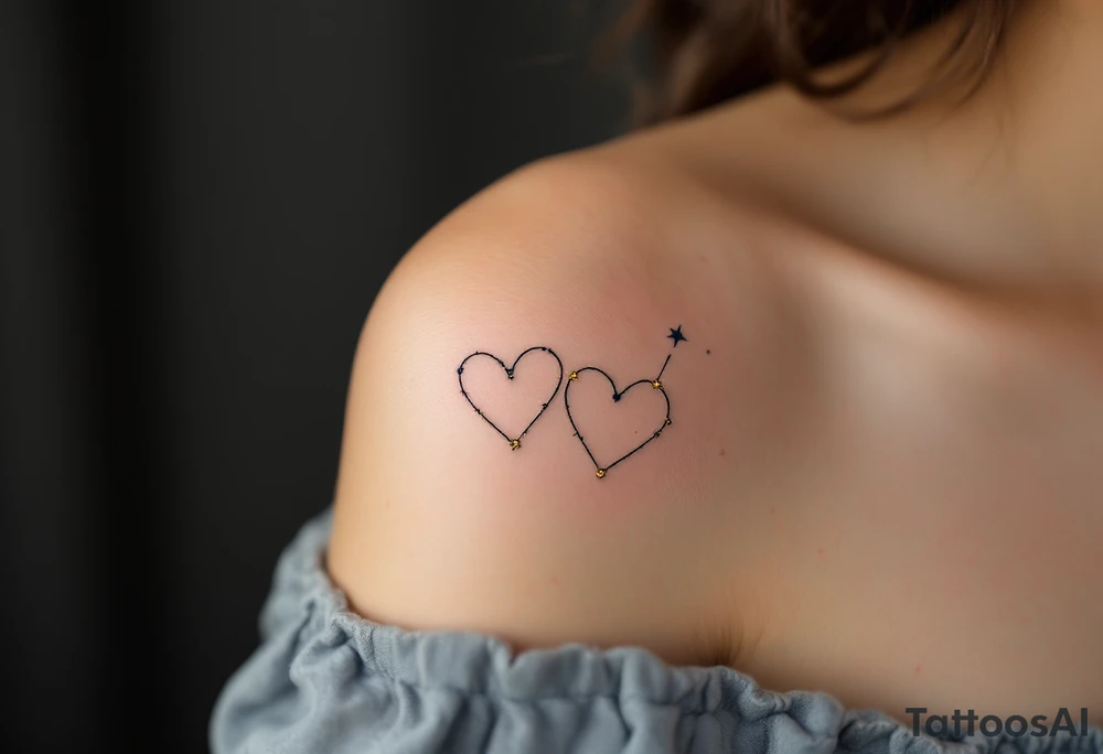 Two fine-line hearts joined by a delicate constellation with gold and navy blue accents.
Placement: Inner forearm, matching for both partners. tattoo idea