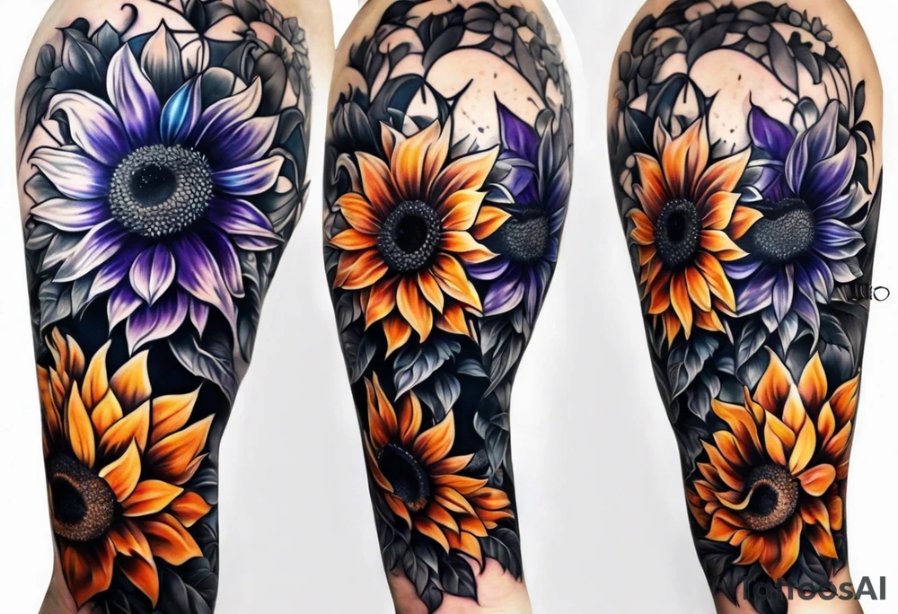 Full leg sleeve with purple, orange and blue sunflowers tattoo idea