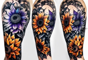 Full leg sleeve with purple, orange and blue sunflowers tattoo idea
