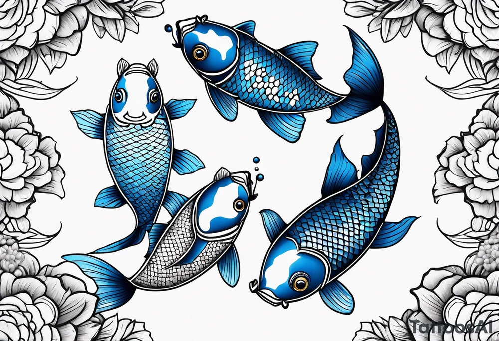 A male and female blue koi fish with three babies and eggs tattoo idea