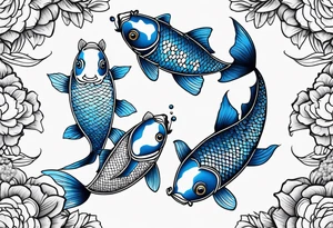 A male and female blue koi fish with three babies and eggs tattoo idea