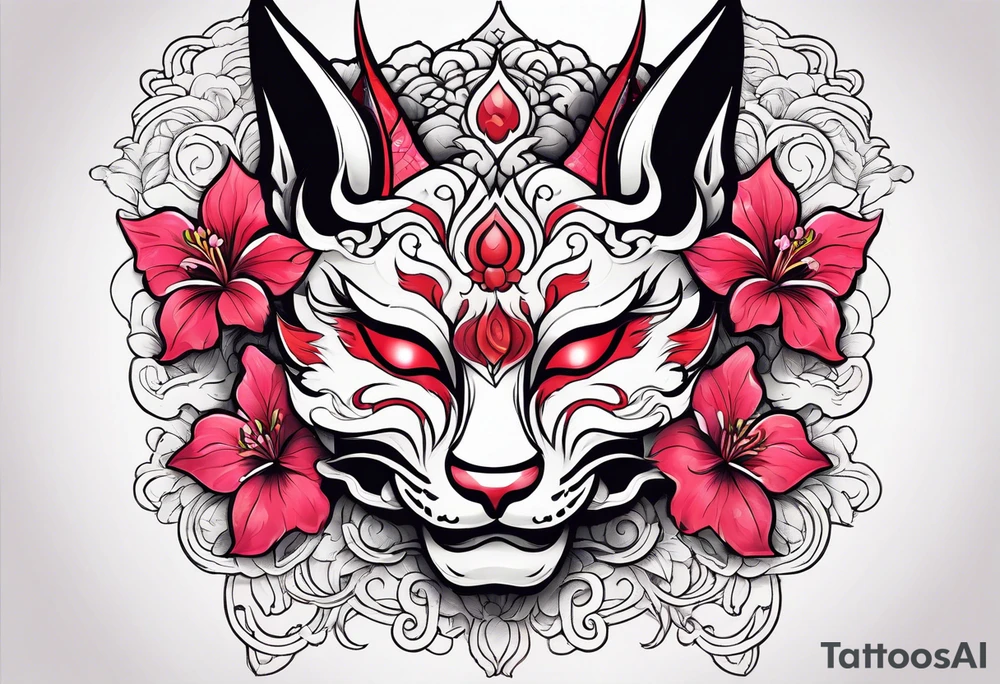 White half broken kitsune oni mask with red accents and pink hibiscus flowers tattoo idea