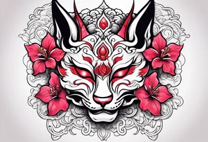 White half broken kitsune oni mask with red accents and pink hibiscus flowers tattoo idea