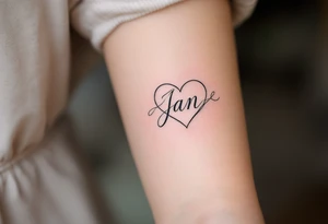 A delicate, outline heart with a flowing ribbon, containing the name "Jan" in elegant cursive, with soft pastel pink and gold accents. tattoo idea