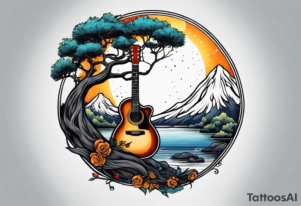 design moon tree campfire guitar tattoo idea