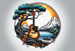 design moon tree campfire guitar tattoo idea