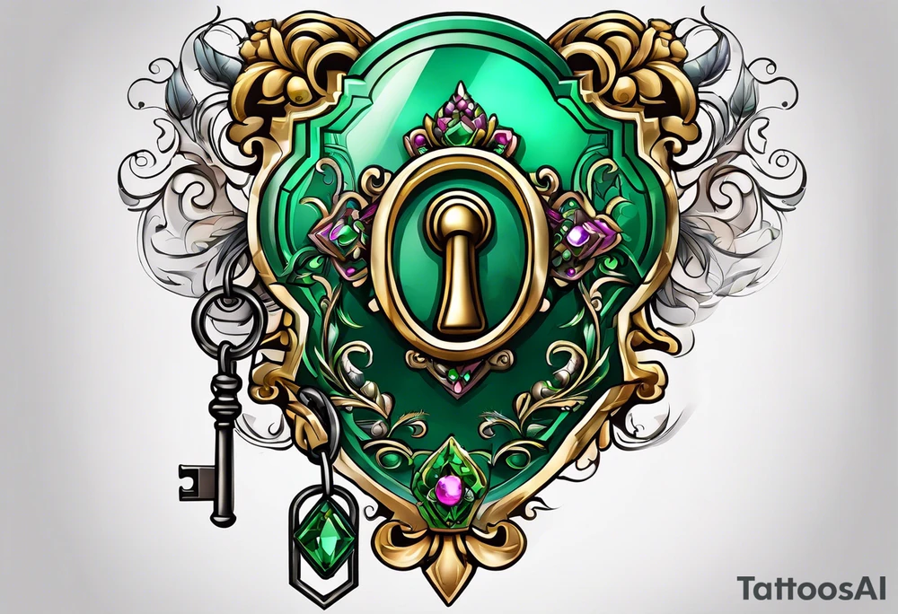 Lock and key with emerald stone tattoo idea