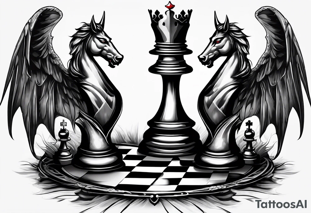 good and evil on sides with  chessboard in the middle with angelic and demonic chess pieces engaged in a strategic game, symbolizing the eternal battle between opposing forces. tattoo idea