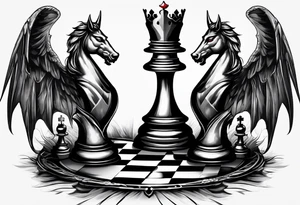 good and evil on sides with  chessboard in the middle with angelic and demonic chess pieces engaged in a strategic game, symbolizing the eternal battle between opposing forces. tattoo idea