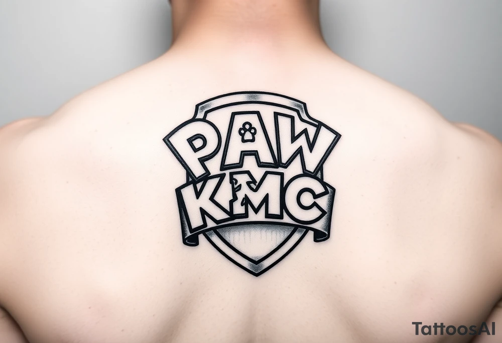 Paw patrol badge with letters  K M C wrapped stacked offset around it tattoo idea