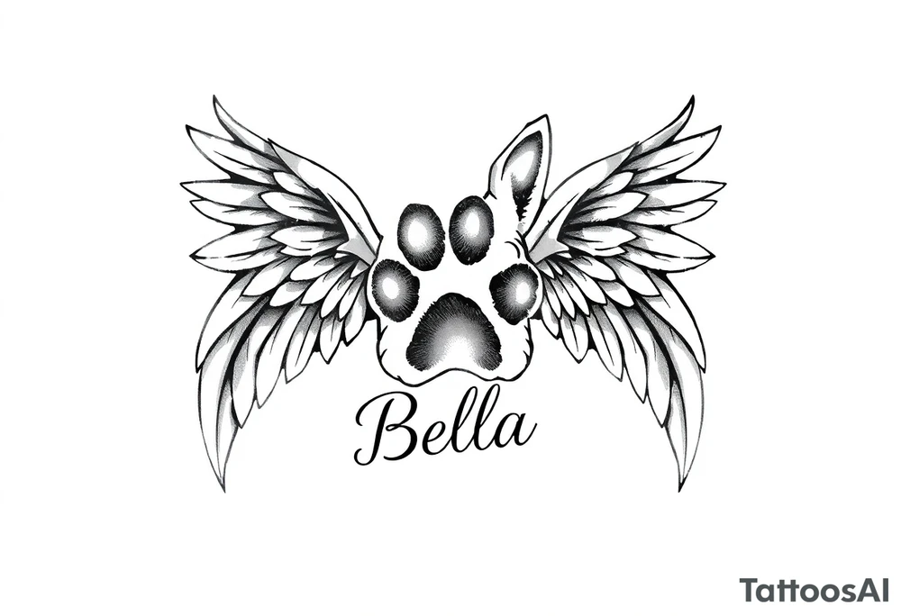 Dog print with angel wings and the name Bella tattoo idea