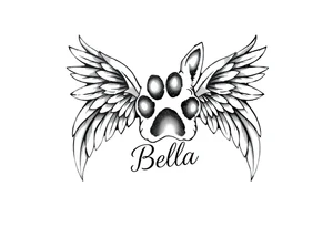 Dog print with angel wings and the name Bella tattoo idea