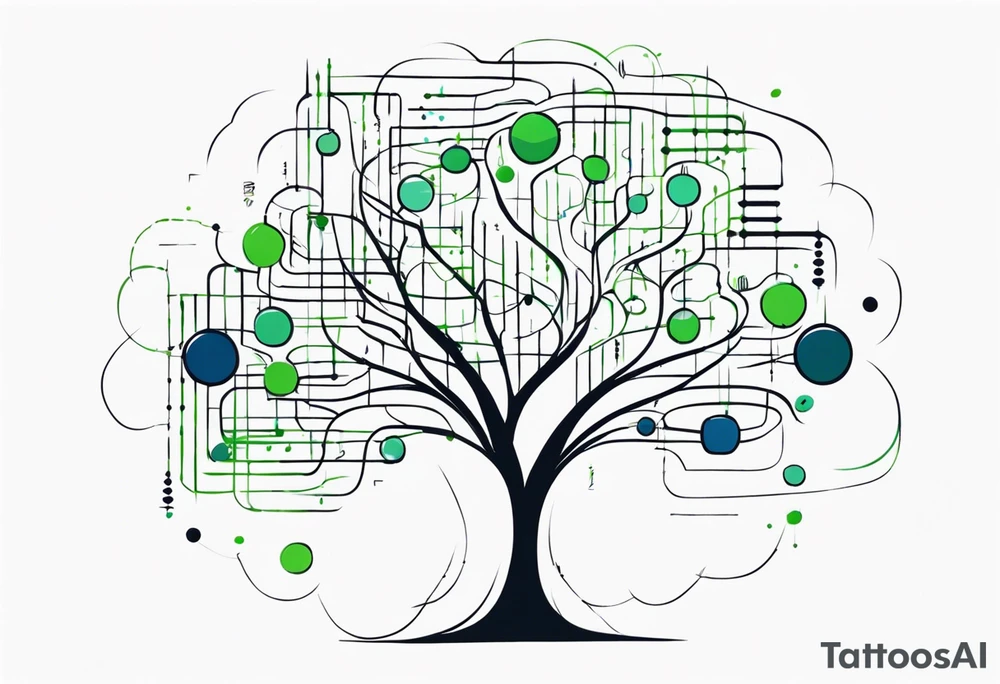 Bi-tree algorithm with binary code in black, blue and green colors tattoo idea