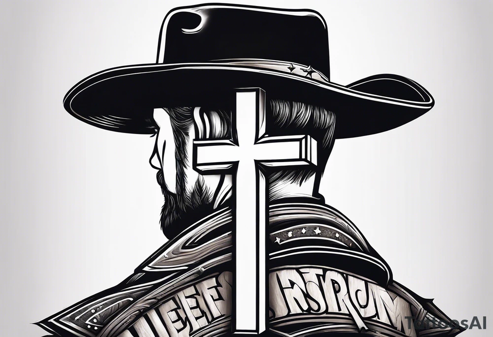 Wood cross resting on a cowboy hat. With the saying sleep through the storm tattoo idea