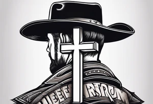Wood cross resting on a cowboy hat. With the saying sleep through the storm tattoo idea