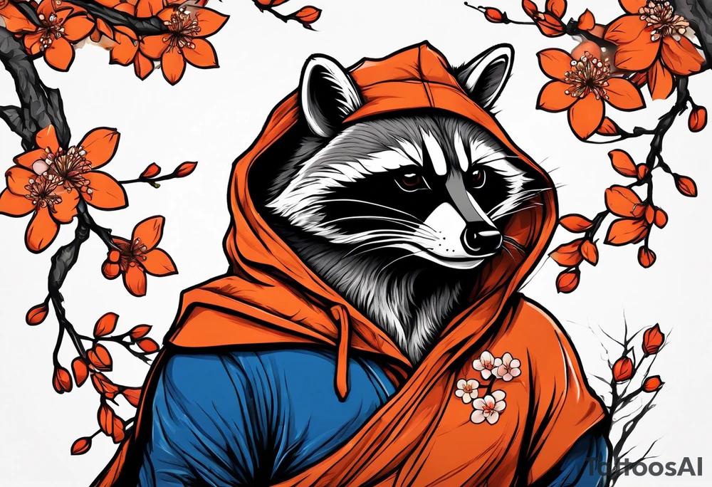 raccoon wearing a Superman hoodie with orange Japanese cherry blossoms tattoo idea