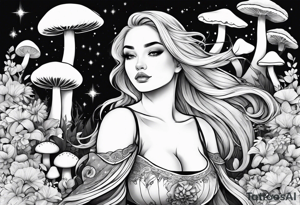 Blonde chubby Girl surrounded by mushrooms crescent moon background tattoo idea