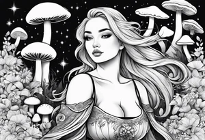 Blonde chubby Girl surrounded by mushrooms crescent moon background tattoo idea