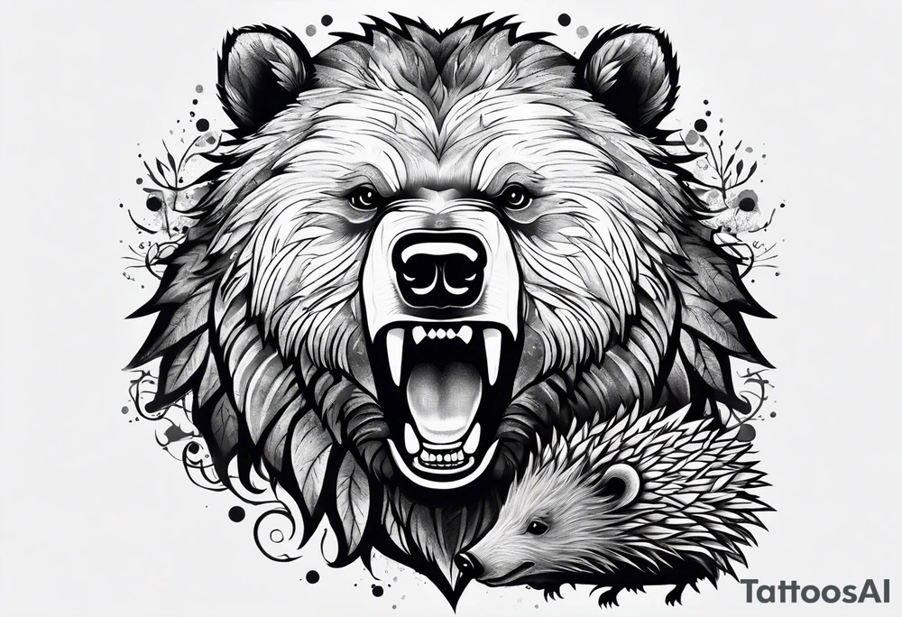 growling bear with a hedgehog between his arms tattoo idea