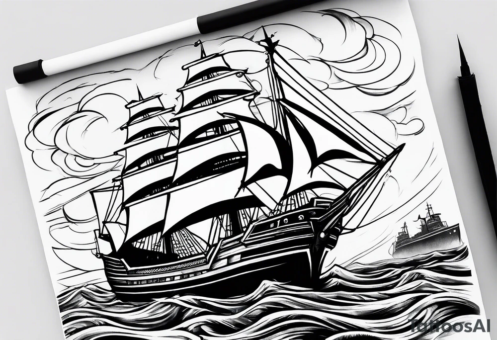 a tattoo sketch of  huge ship hitting the wives in the sea in old school style tattoo idea