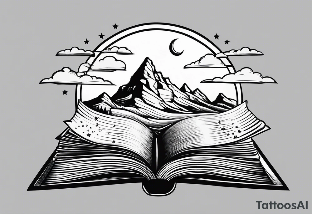 Open book with stars and mountains in a cartoon minimalistic design. Incorporate 'to whatever end' in elvish from lord of the rings tattoo idea