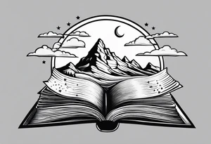 Open book with stars and mountains in a cartoon minimalistic design. Incorporate 'to whatever end' in elvish from lord of the rings tattoo idea