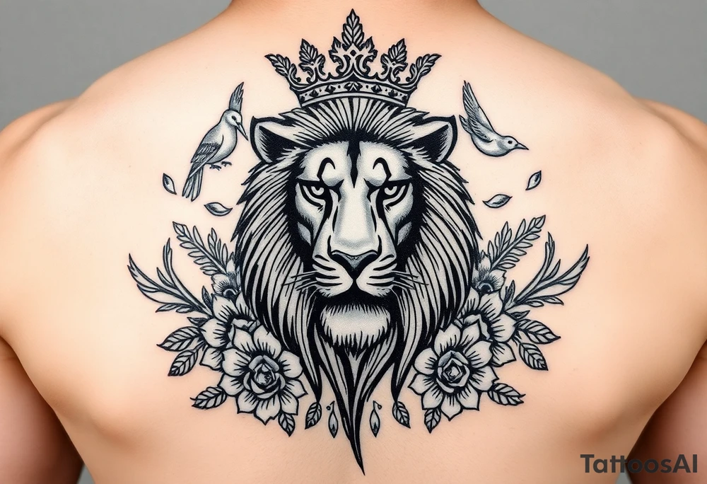 powerful majestic lion with a crown, surrounded by floral ornaments and birds tattoo idea