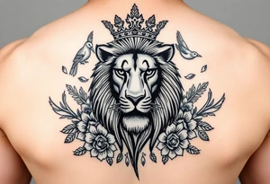 powerful majestic lion with a crown, surrounded by floral ornaments and birds tattoo idea