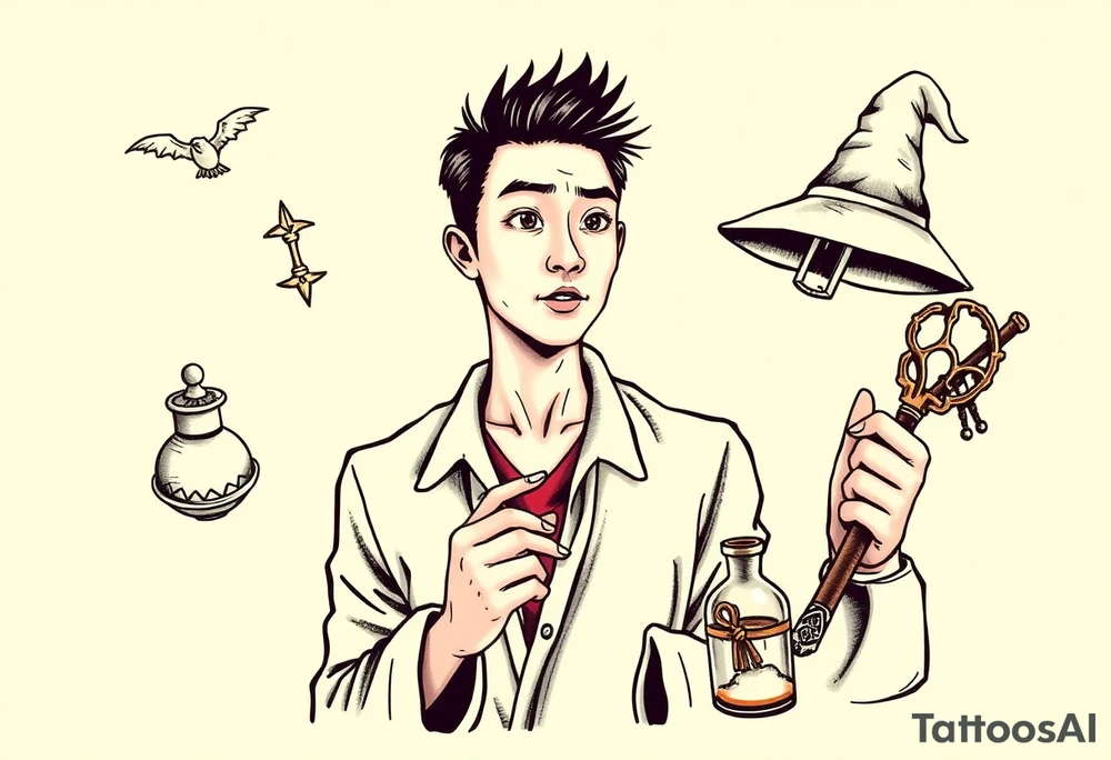 Handsome Asian young adult guy is  accidentally stumbled upon witch tools, supplies, artifacts, potions and exploring it curiously tattoo idea
