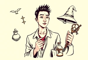 Handsome Asian young adult guy is  accidentally stumbled upon witch tools, supplies, artifacts, potions and exploring it curiously tattoo idea