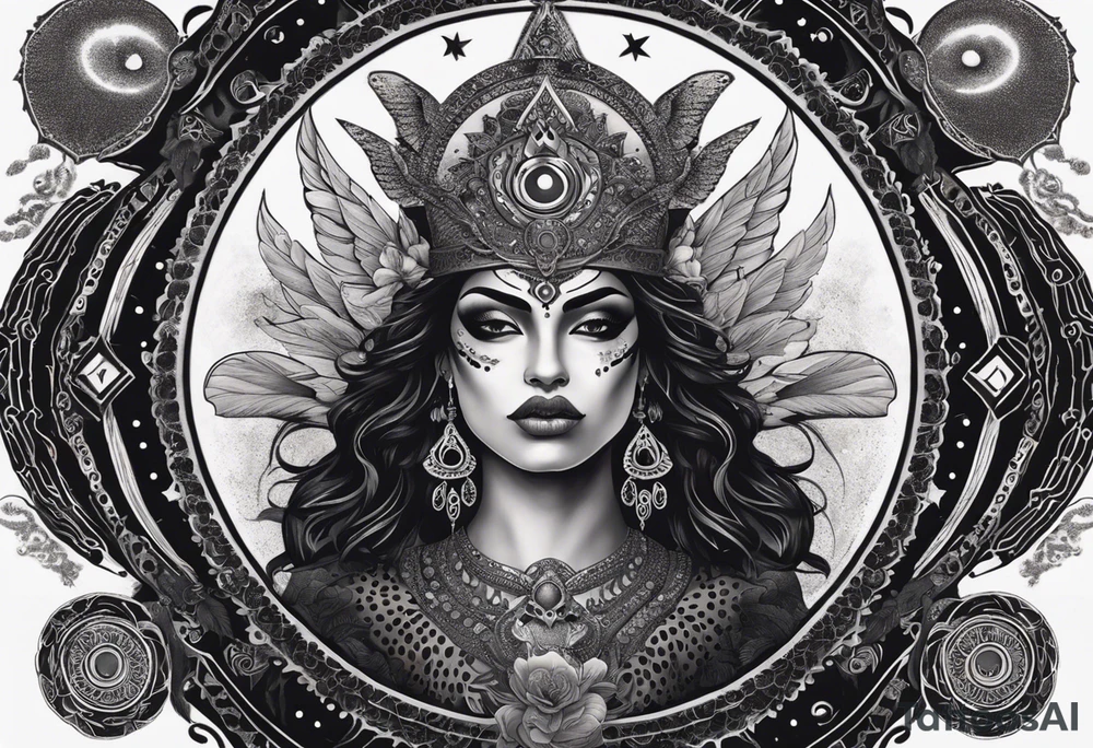 black kali, goddess pirate, alien, angel, pachamama, valkrye, warrior, flying, skull, lotus azul, wing, eagle, zenza resonance, stars, 5D, anahata chakra, death, durga, riding on a tiger, flying lady, kundalini, chest tatoo, samuri, rebel,s erpent tattoo idea