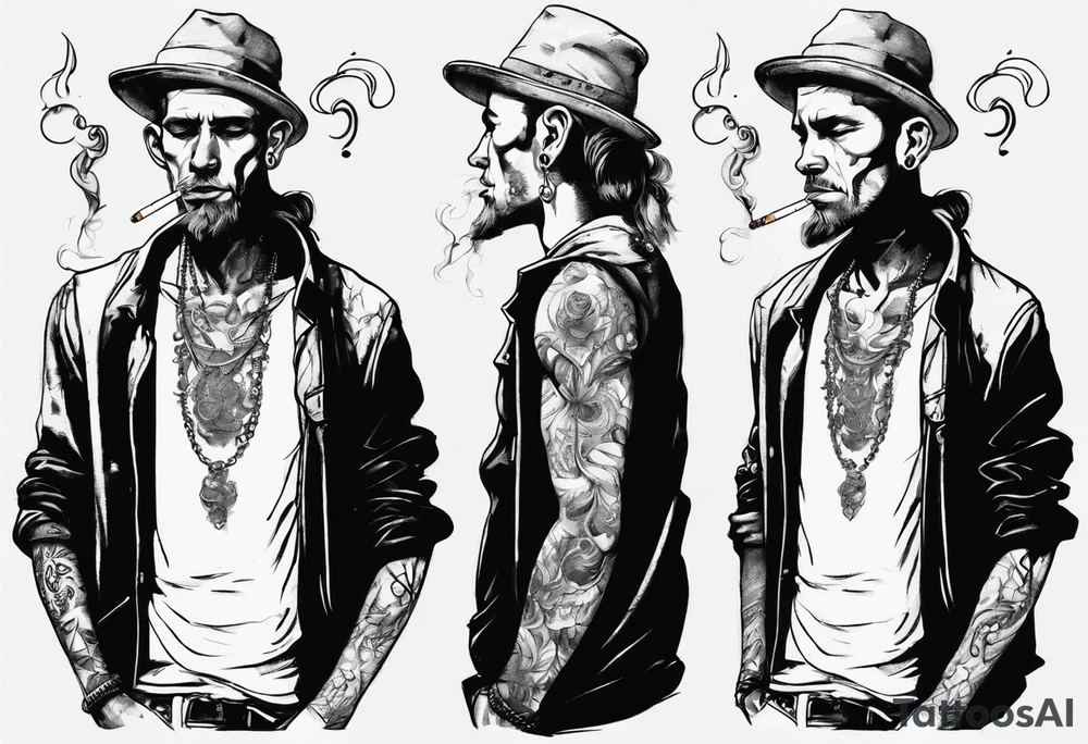 A man standing full-length, smoking a cigarette, with earrings in his ears, no headgear tattoo idea