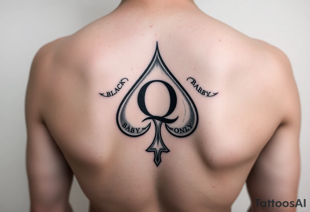 A spade womb tattoo with a Q in the center, with three points around the outside. The first reading, "BLACK". The second reading, "BABY". The third reading, "ONLY". tattoo idea