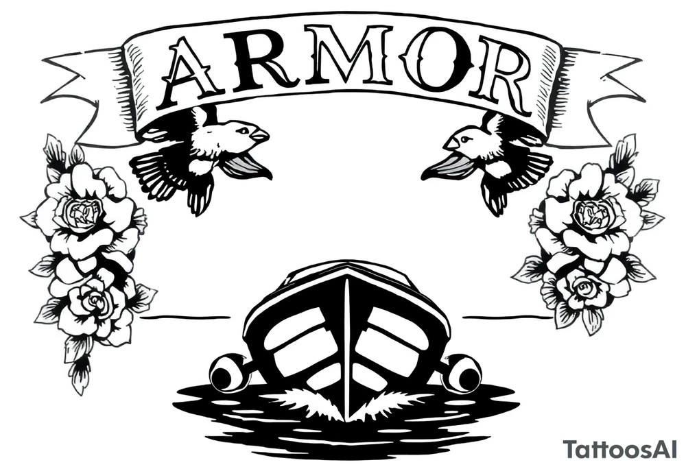 Traditional style tattoo, with a jet boat in the water, with a banner that says “ARMOR” in traditional lettering, add classic traditional aspects to this tattoo like sparrows and traditional flowers . tattoo idea
