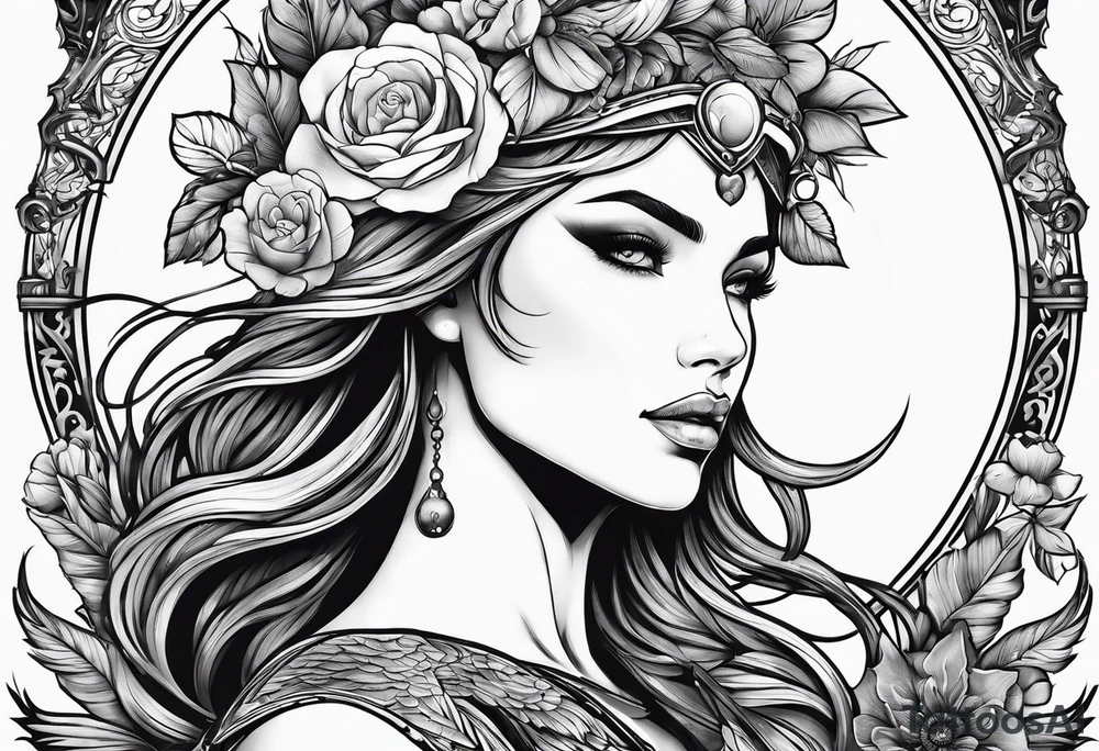 Valkyrie with flowers and moon tattoo idea