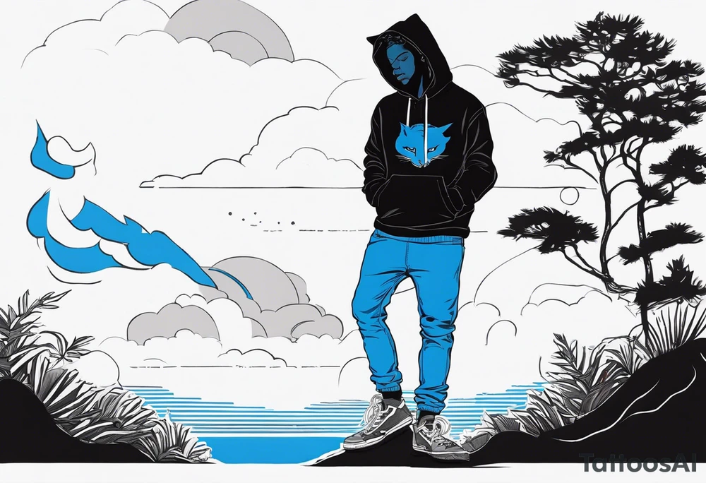 black well built teen with with a grey hoodie on and blue jeans with long dreads morphing 
into a blue wildcat in various spots on his body. I want his hoodie appear as if its been ripped in random places from the inside with I Carolina blue football jersey showing underneath that reads Camden tattoo idea