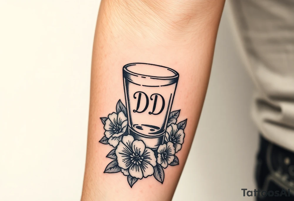 A tequila shot glass with DD Ingrave on it surround by flowers tattoo idea