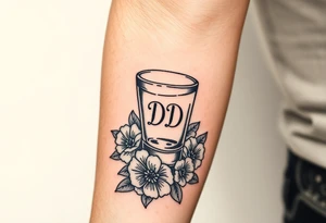 A tequila shot glass with DD Ingrave on it surround by flowers tattoo idea