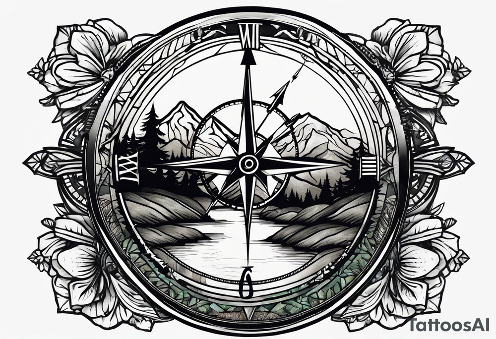 half compass half clock with arrow in the middle with mountain, trees and river; no circle tattoo idea