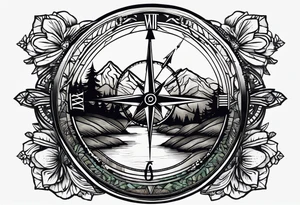 half compass half clock with arrow in the middle with mountain, trees and river; no circle tattoo idea