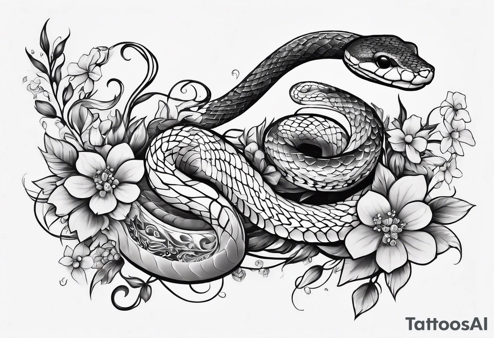 small snake with flowers and vines extending up and down tattoo idea